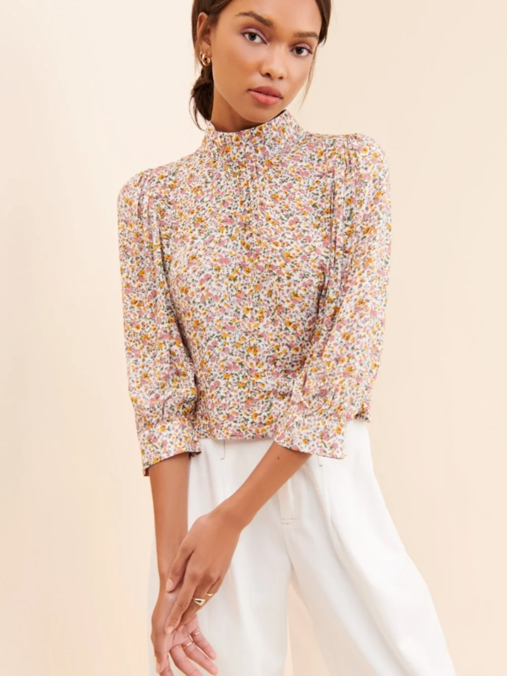 Free People Puff Sleeve Mock Neck Three Quarter Length Cuffed Sleeve Blouse L